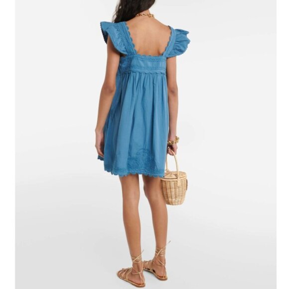 Juliet Dunn Scalloped Embroidered Cotton Mini-Dress, Denim Blue - Picture 3 of 4